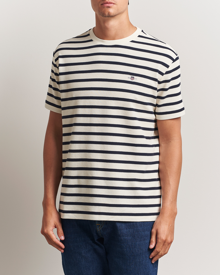 Homme | T-shirts | GANT | Waffle Textured Striped T-Shirt Cream