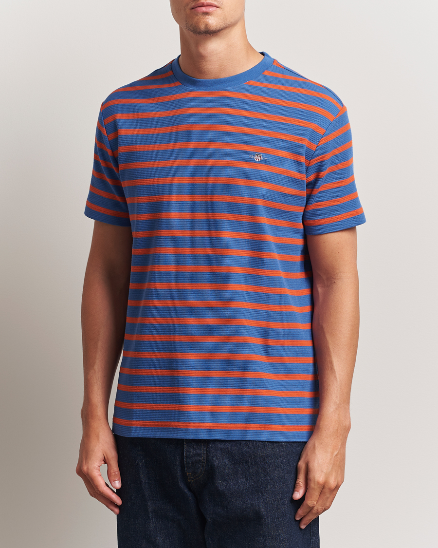 Homme | T-shirts | GANT | Waffle Textured Striped T-Shirt Rich Blue
