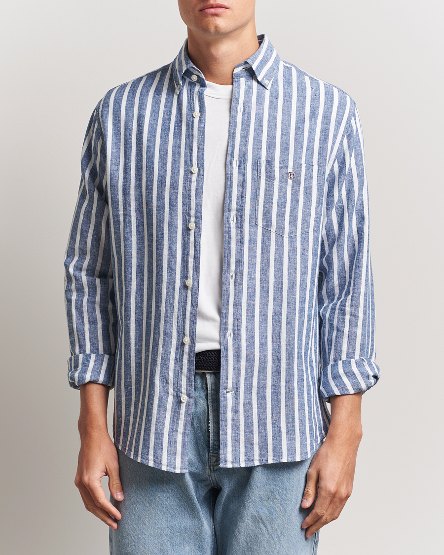 Homme | Chemises | GANT | Regular Fit Cotton/Linen Striped Shirt Rich Blue