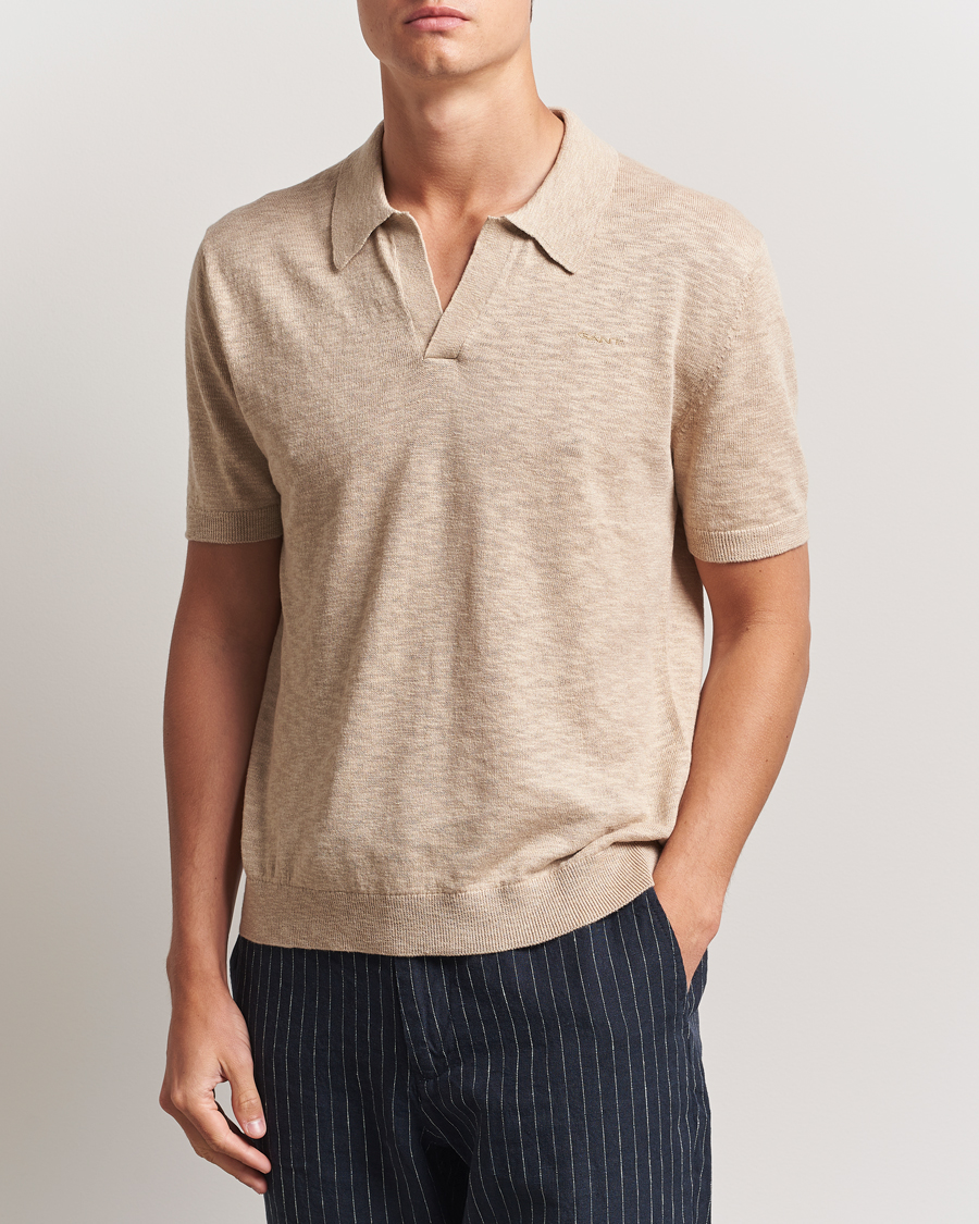 Heren | Polo's | GANT | Linen/Cotton Open Collar Polo Dry Sand