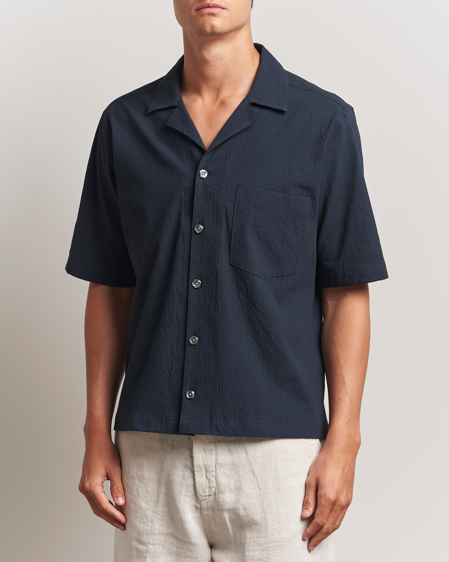 Homme | Chemises | Oscar Jacobson | Reg Fit Cuba Seersucker Shirt Navy