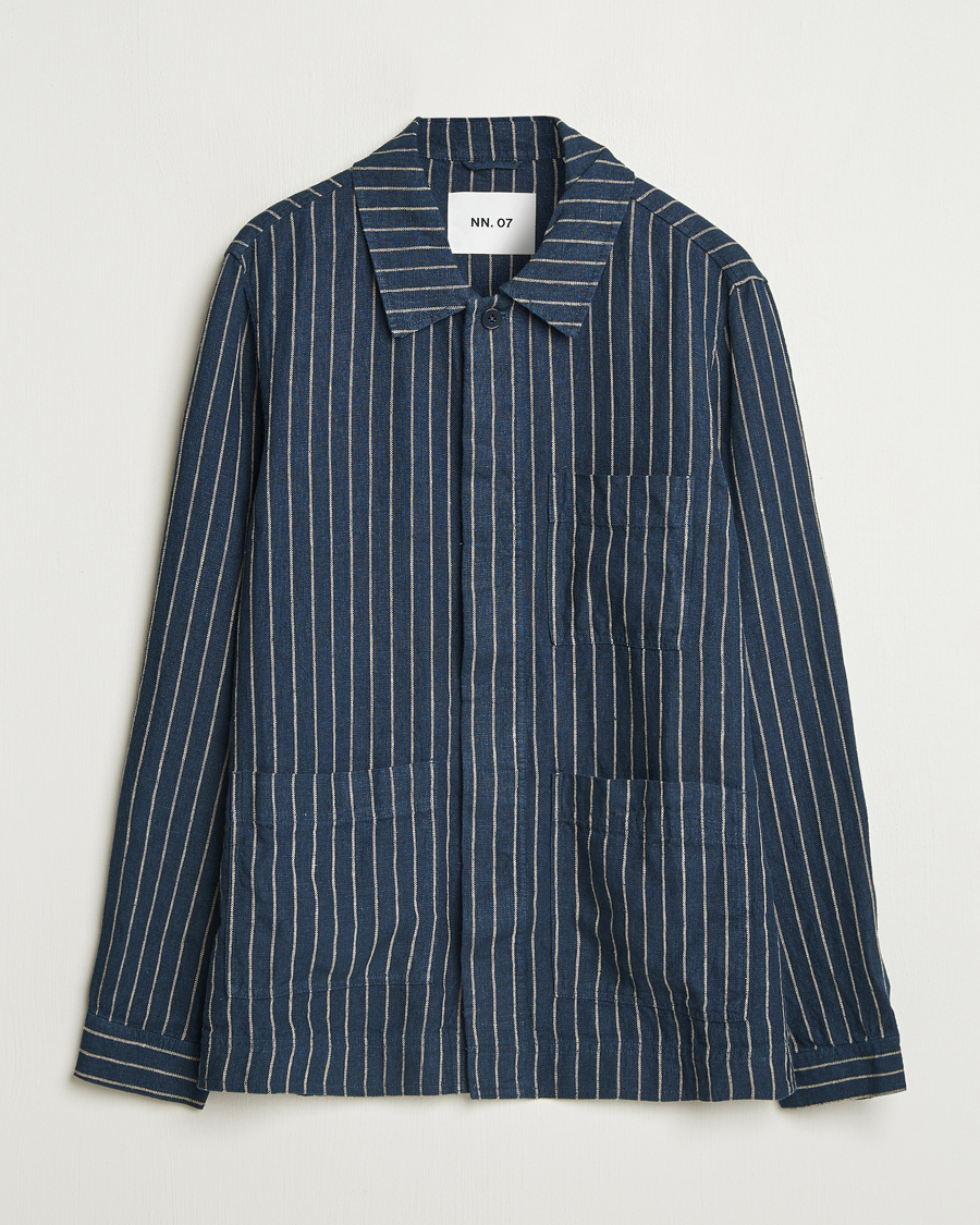 Heren | Overhemden | NN07 | Olav Linen Pinstriped Overshirt Navy Blue