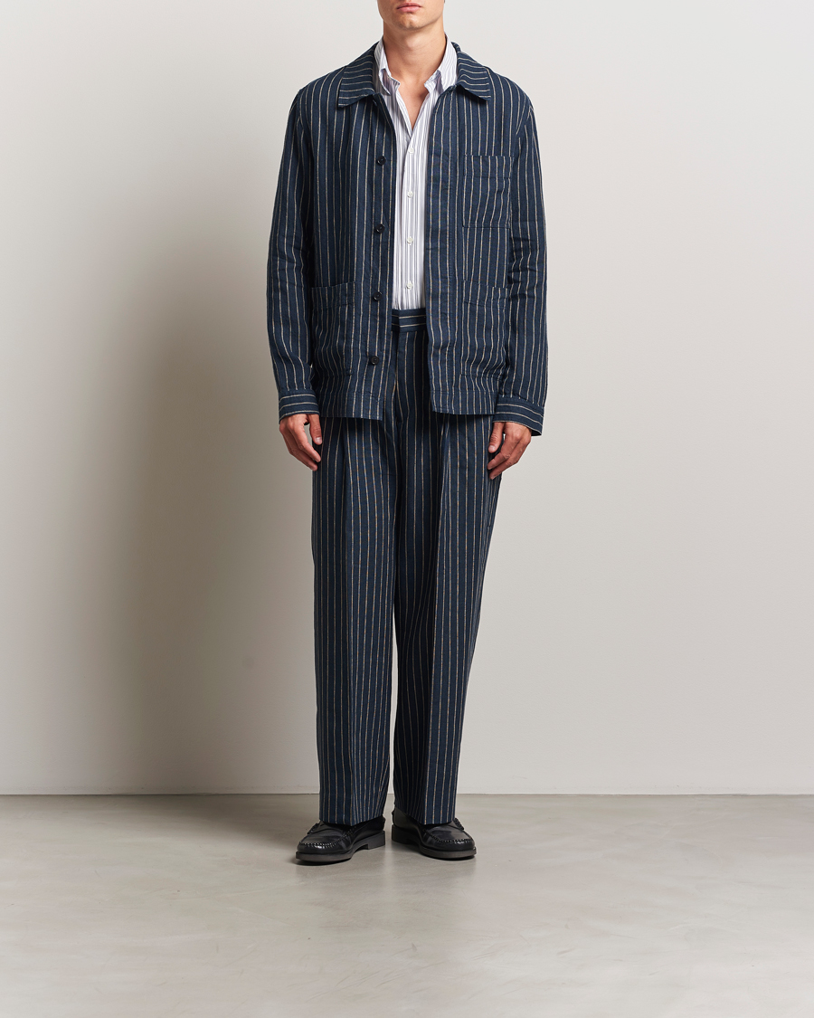 Heren | Overhemden | NN07 | Olav Linen Pinstriped Overshirt Navy Blue