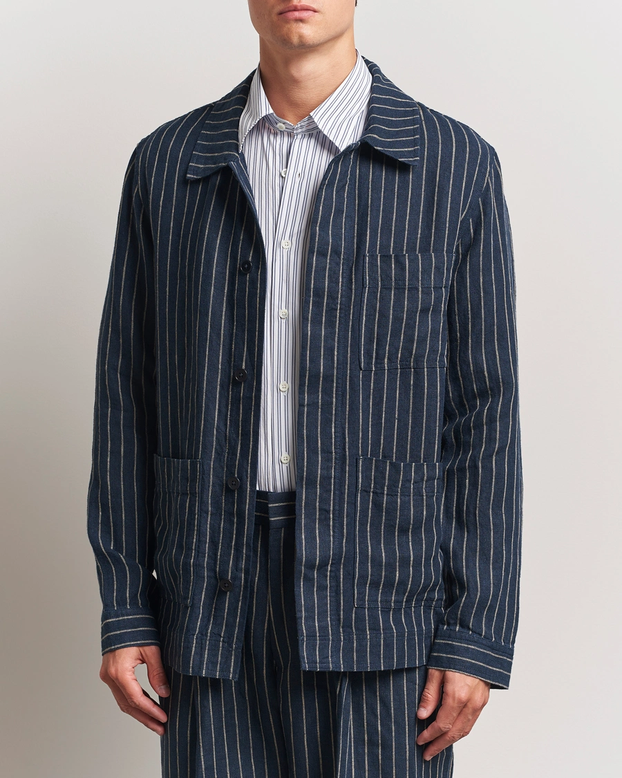 Heren | Overhemden | NN07 | Olav Linen Pinstriped Overshirt Navy Blue