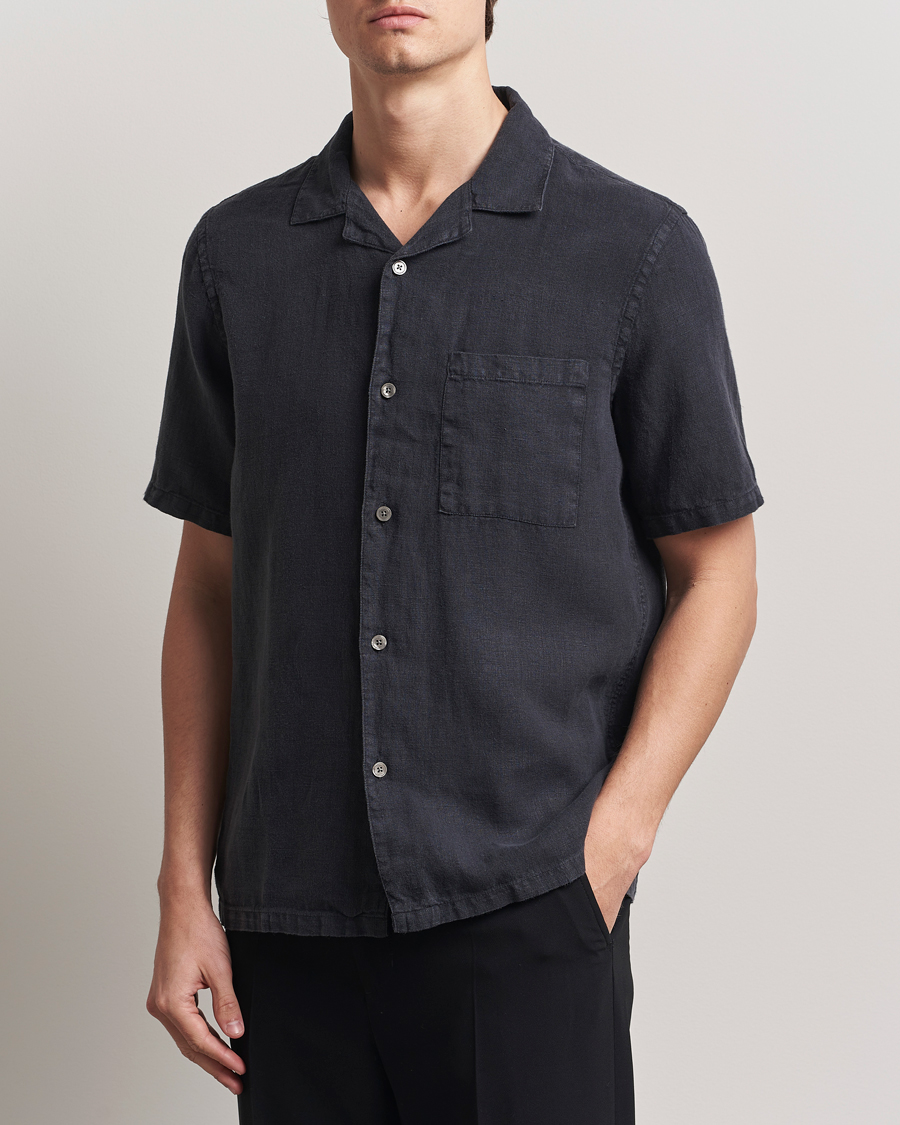Heren | Overhemden | A Day's March | Yamu Linen Short Sleeve Shirt Off Black