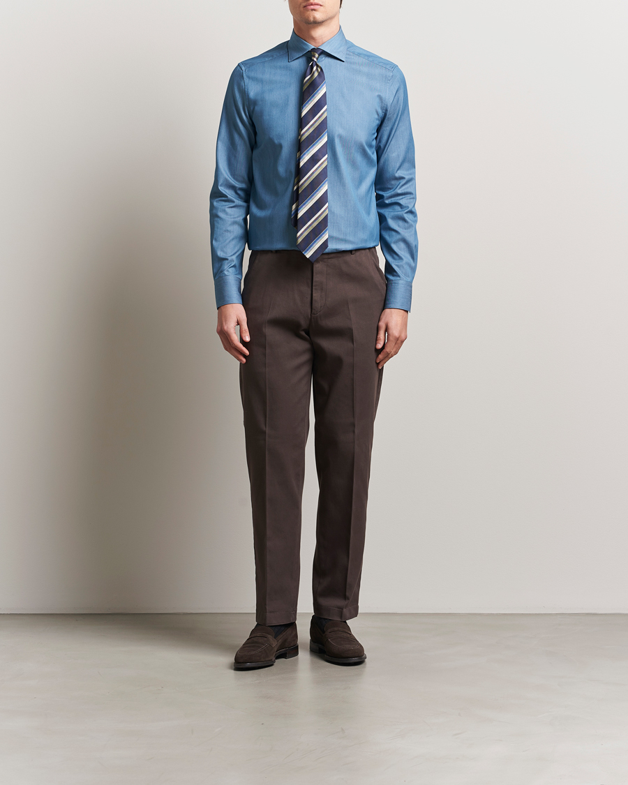 Heren | Overhemden | Stenströms | 1899 Slim Twofold Cotton Denim Shirt Mid Blue