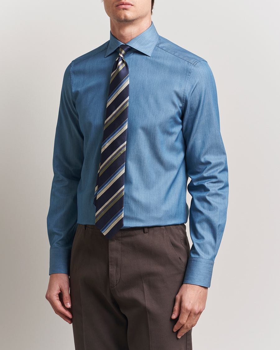 Heren | Overhemden | Stenströms | 1899 Slim Twofold Cotton Denim Shirt Mid Blue