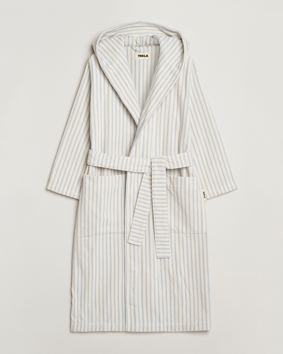 Homme | Peignoirs Et Pyjamas | Tekla | Organic Terry Hooded Bathrobe Soft Blue Stripes