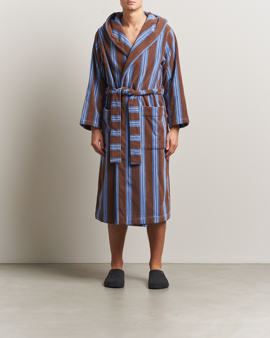 Heren | Pyjama's en gewaden | Tekla | Organic Terry Hooded Bathrobe Chestnut Stripes