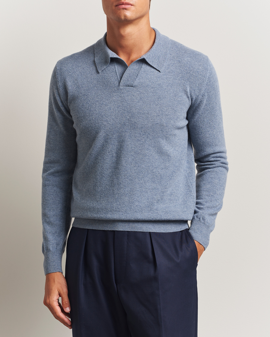 Homme | Pulls Et Tricots | Altea | Long Sleeve Knitted Wool Polo Blue Melange