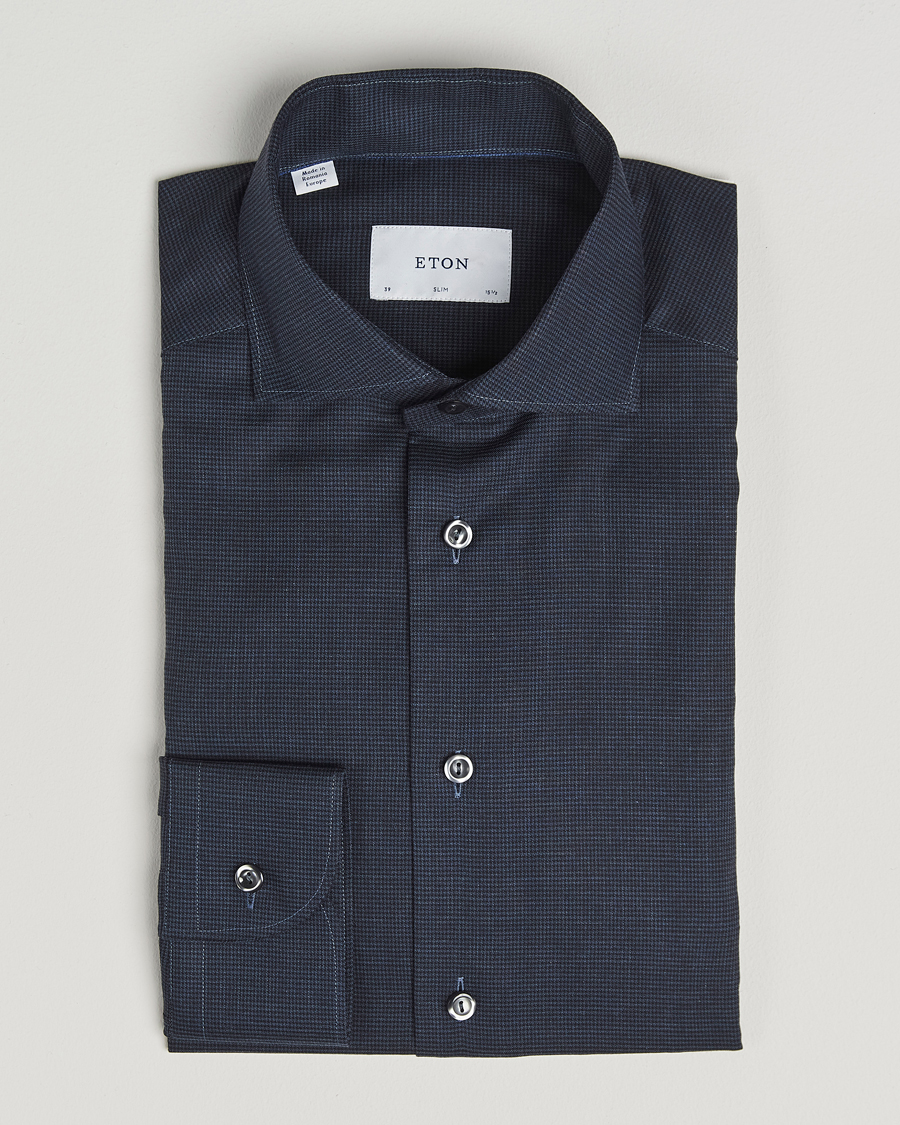 Heren | Overhemden | Eton | Slim Fit Checked Wrinkle Free Flannel Shirt Navy