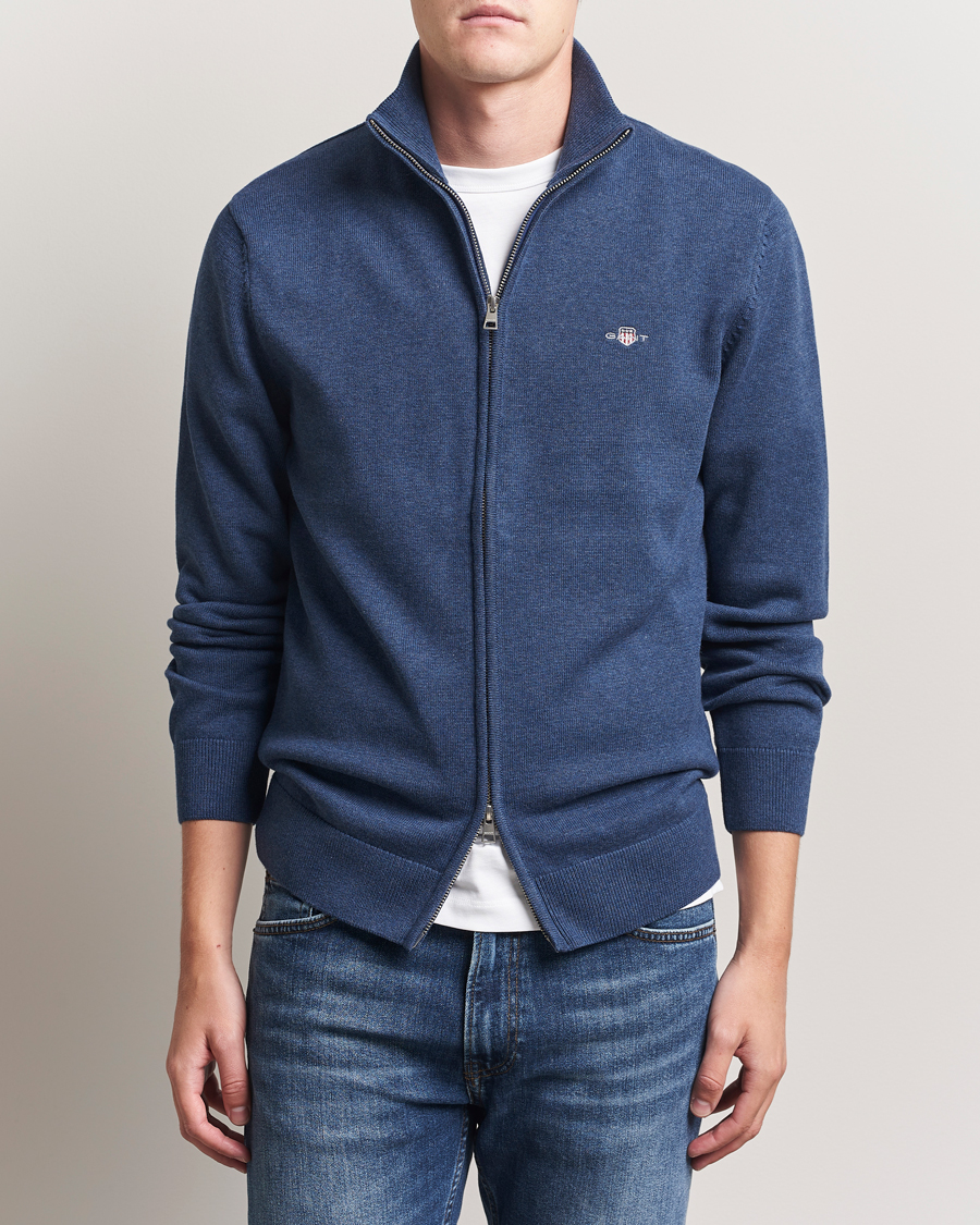 Heren | Truien | GANT | Casual Cotton Full Zip Dark Jeans Blue Melange