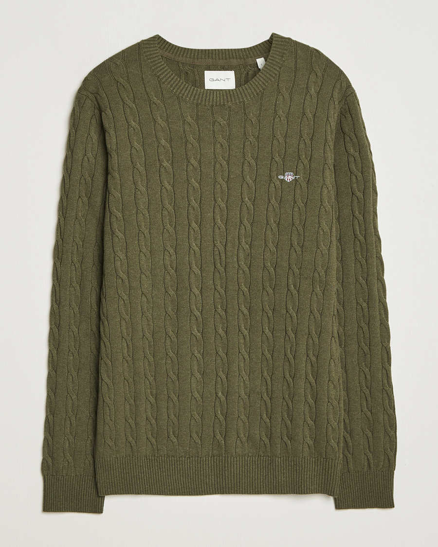 Homme | Pulls Et Tricots | GANT | Cotton Cable Crew Neck Pullover Khaki Green Melange