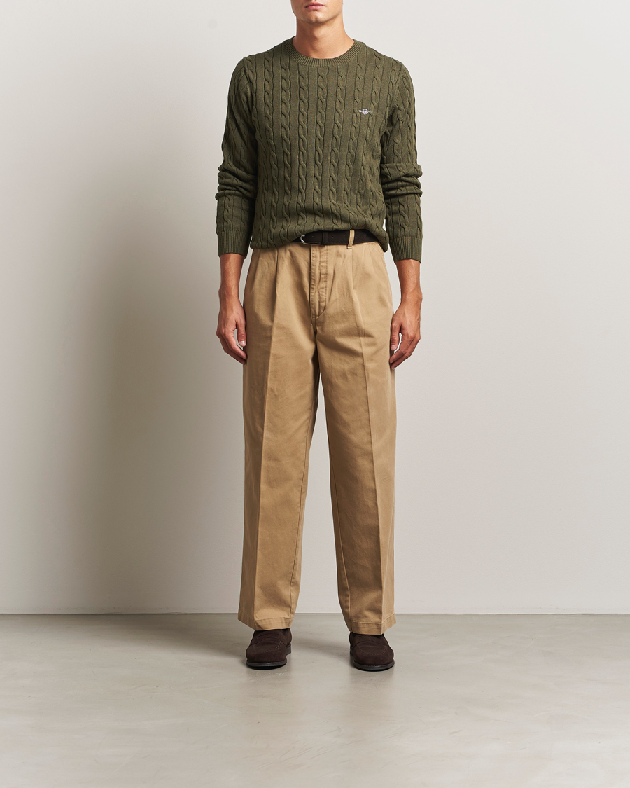 Homme | Pulls Et Tricots | GANT | Cotton Cable Crew Neck Pullover Khaki Green Melange