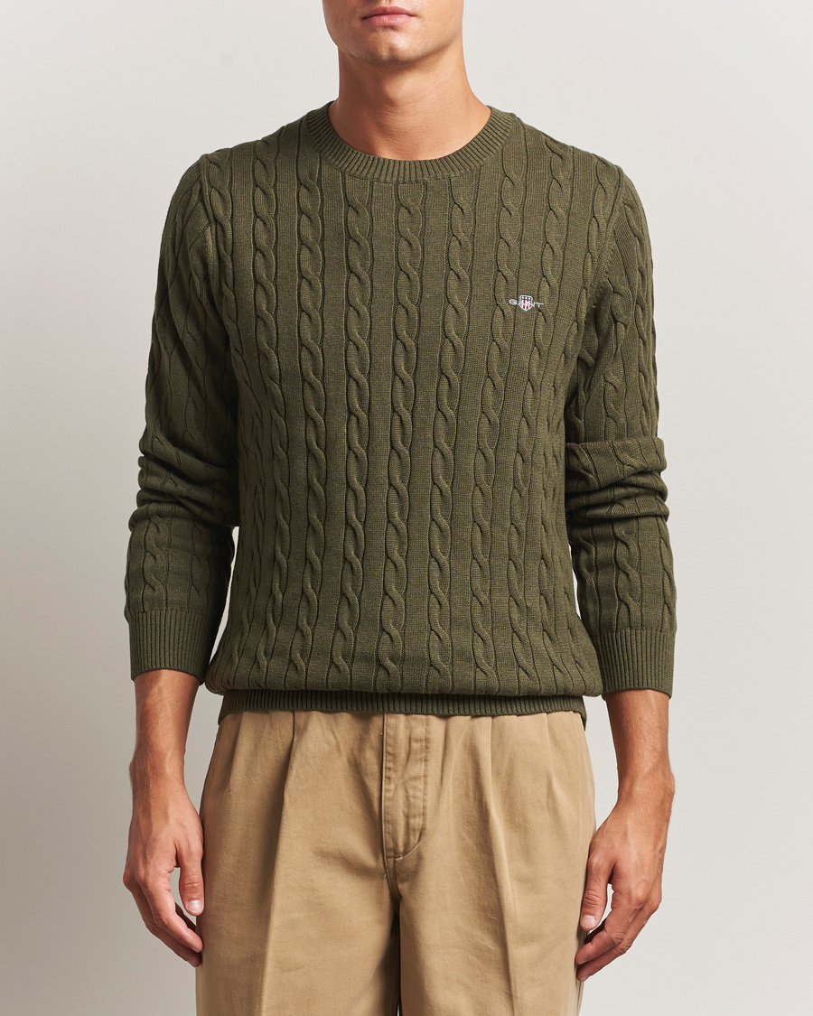 Homme | Pulls Et Tricots | GANT | Cotton Cable Crew Neck Pullover Khaki Green Melange