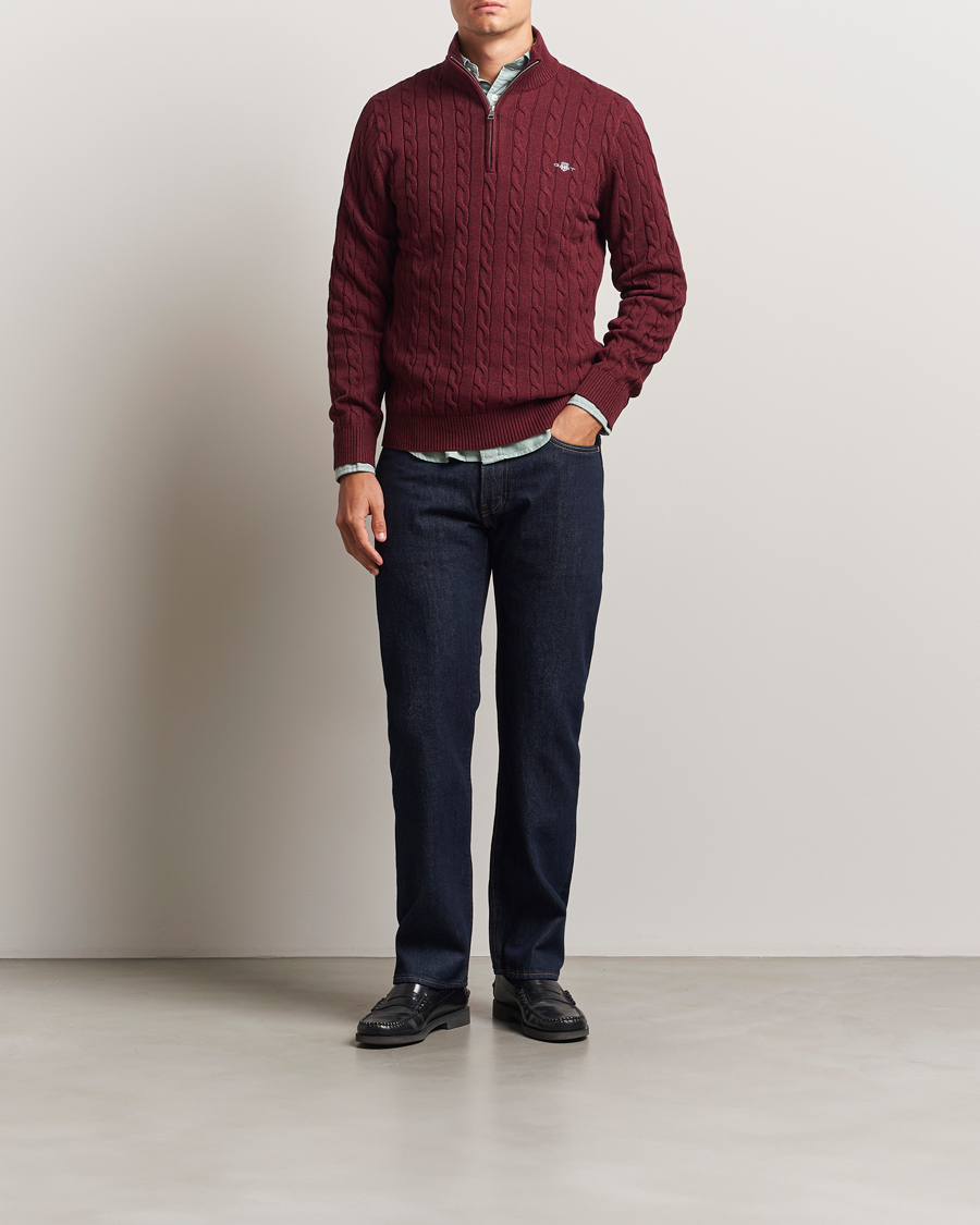 Homme | Pulls Et Tricots | GANT | Cotton Cable Half Zip Bordeaux Melange