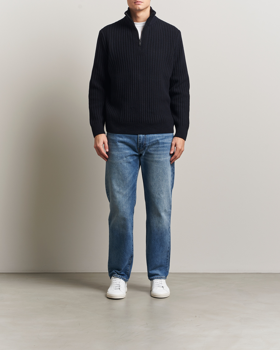 Heren | Truien | BOSS ORANGE | Kwinter Ribbed Wool Knitted Half Zip Dark Blue