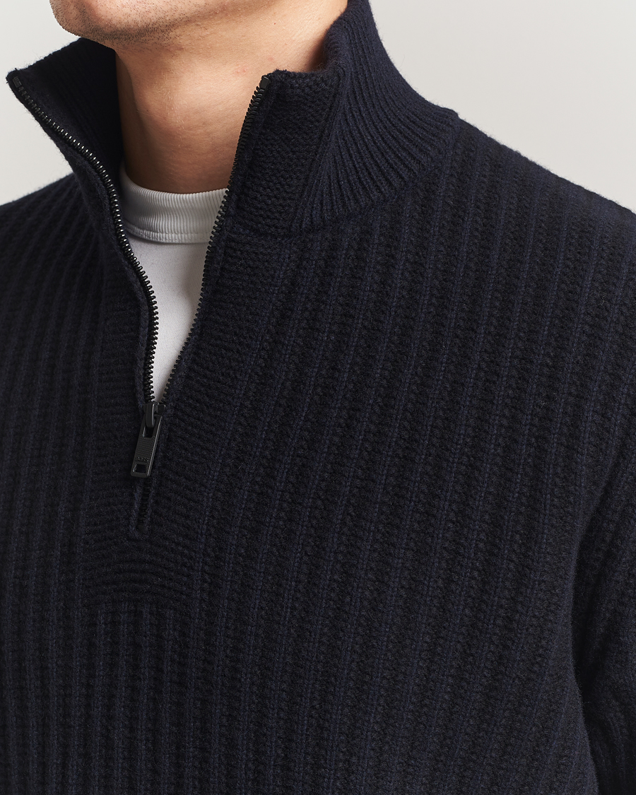 Heren | Truien | BOSS ORANGE | Kwinter Ribbed Wool Knitted Half Zip Dark Blue