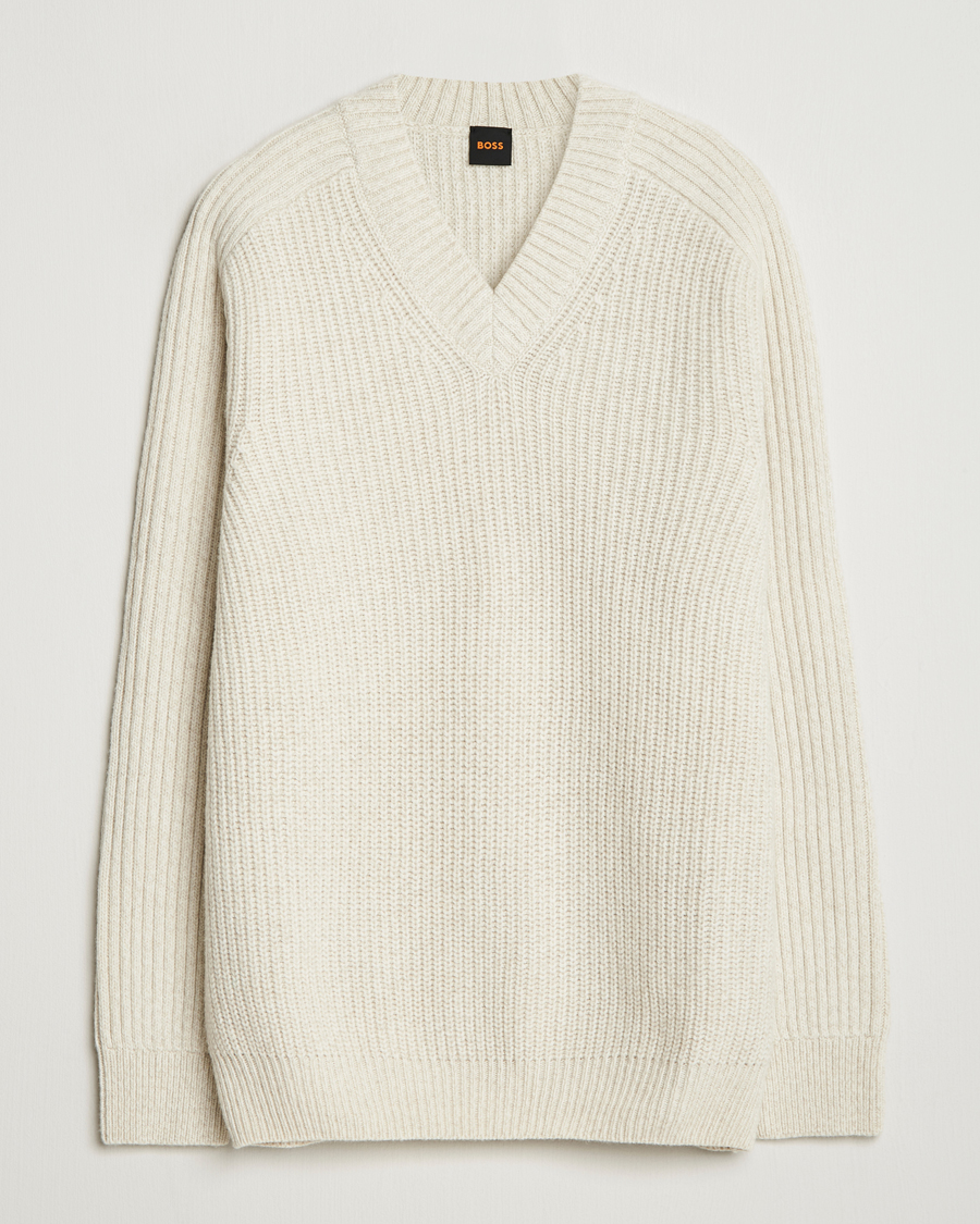 Heren | Truien | BOSS ORANGE | Karinet Ribbed Wool Knitted V-Neck Light Beige