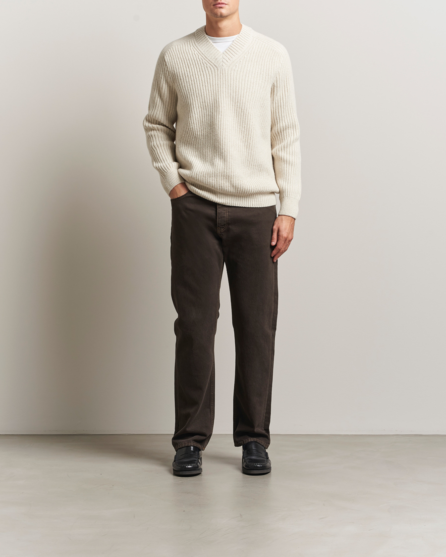 Heren | Truien | BOSS ORANGE | Karinet Ribbed Wool Knitted V-Neck Light Beige