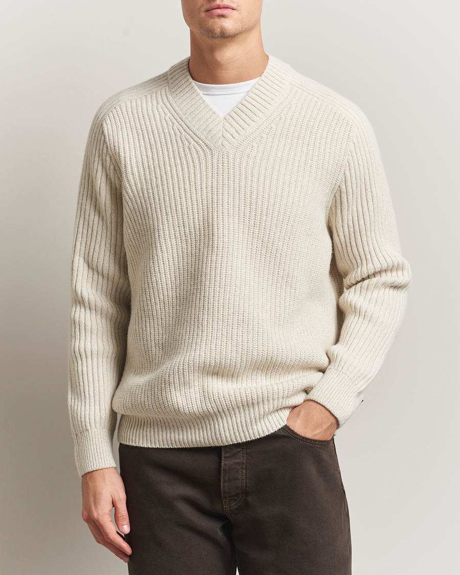 Heren | Truien | BOSS ORANGE | Karinet Ribbed Wool Knitted V-Neck Light Beige
