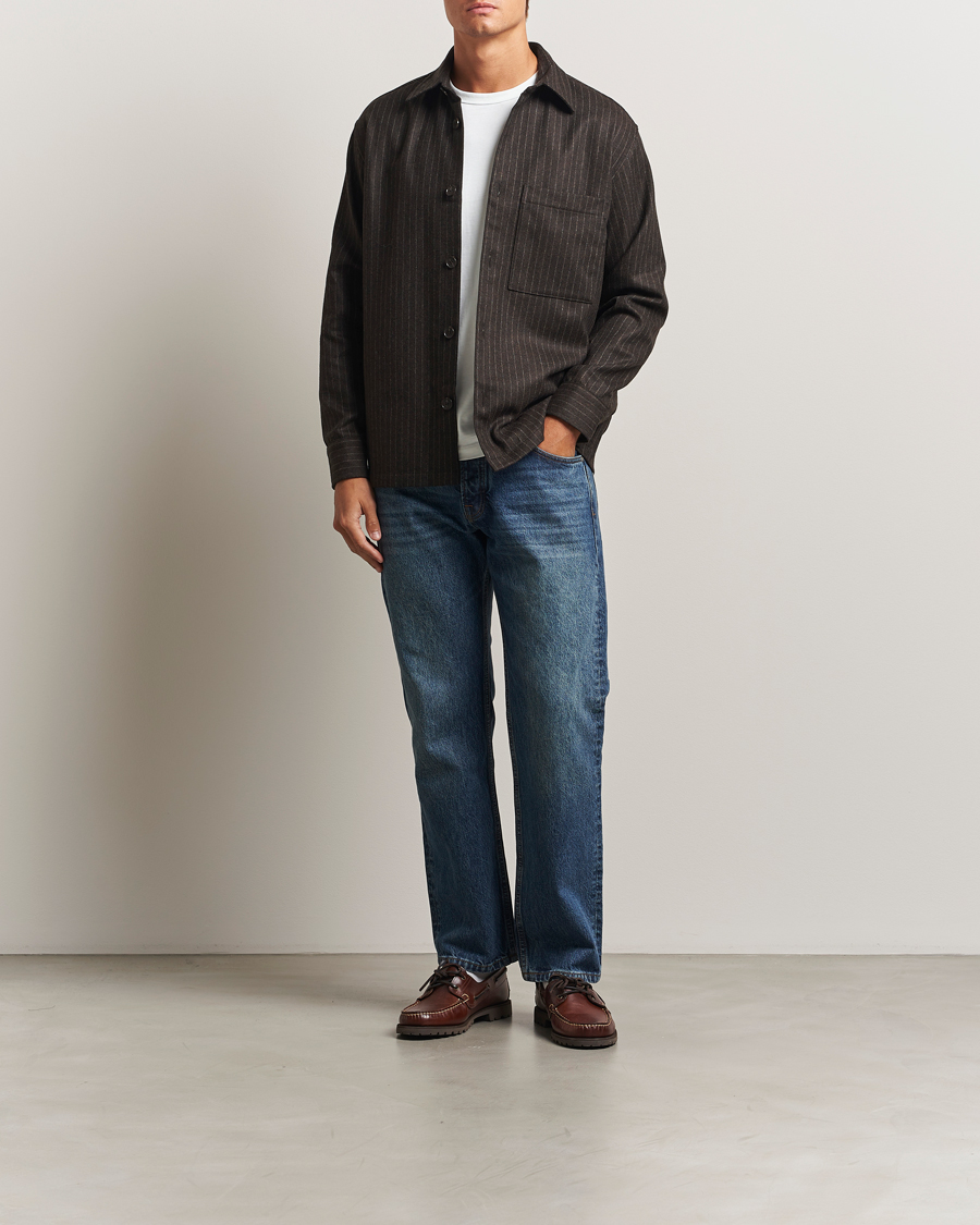 Homme | Chemises | NN07 | Freddy Wool Pinstriped Overshirt Dark Brown