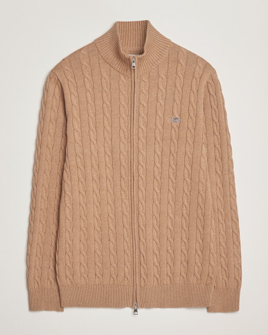 Heren | Truien | GANT | Cotton Cable Full Zip Dark Sand Melange