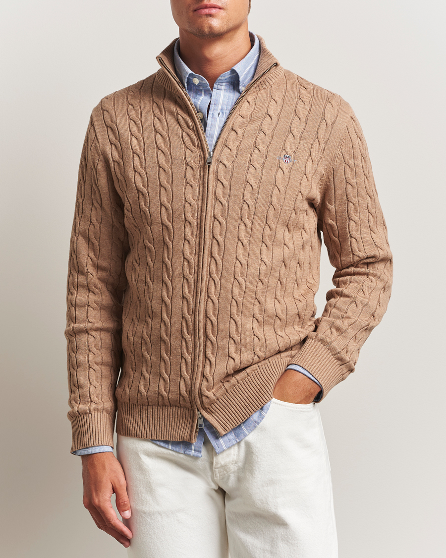 Heren | Truien | GANT | Cotton Cable Full Zip Dark Sand Melange