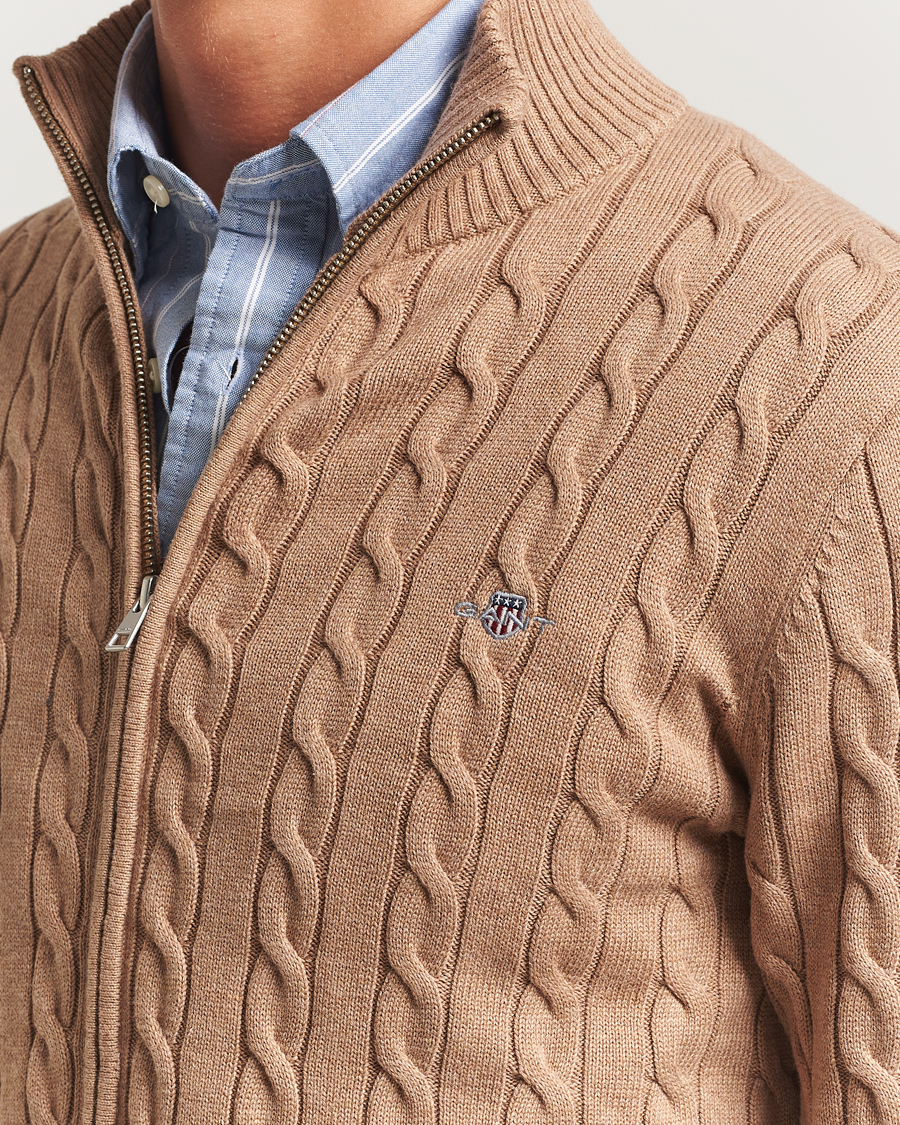 Heren | Truien | GANT | Cotton Cable Full Zip Dark Sand Melange