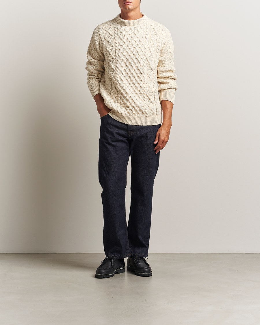 Heren | Truien | Gloverall | Aran Wool Knitted Sweater Ecru