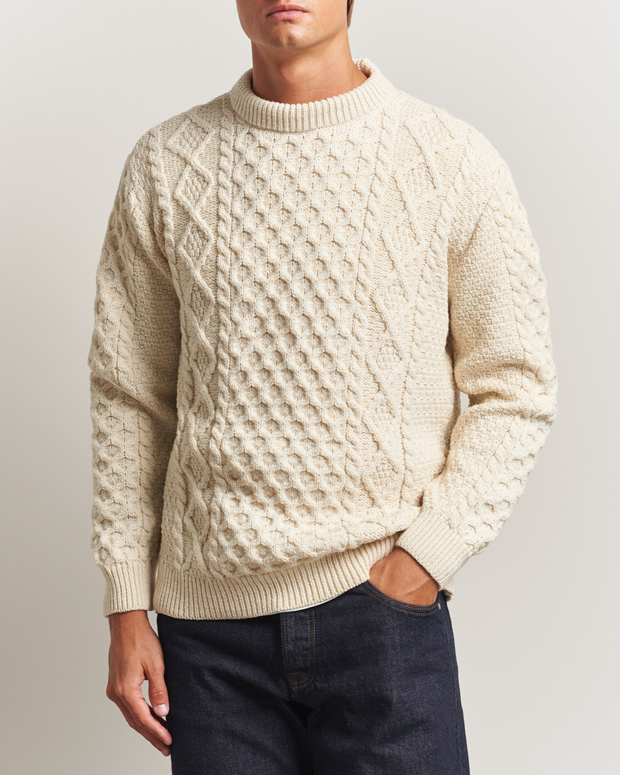Heren | Truien | Gloverall | Aran Wool Knitted Sweater Ecru
