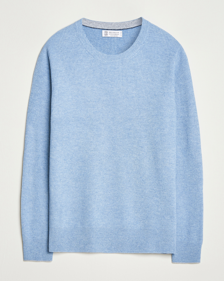 Homme | Pulls Et Tricots | Brunello Cucinelli | Cashmere Rib Crew Neck Sweater Light Blue