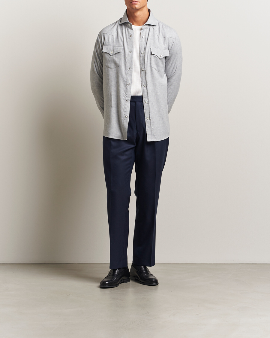 Homme | Chemises | Brunello Cucinelli | Soft Flannel Western Overshirt Light Grey