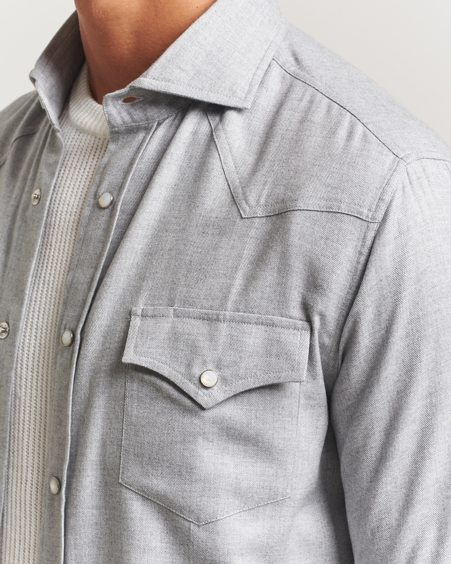 Homme | Chemises | Brunello Cucinelli | Soft Flannel Western Overshirt Light Grey