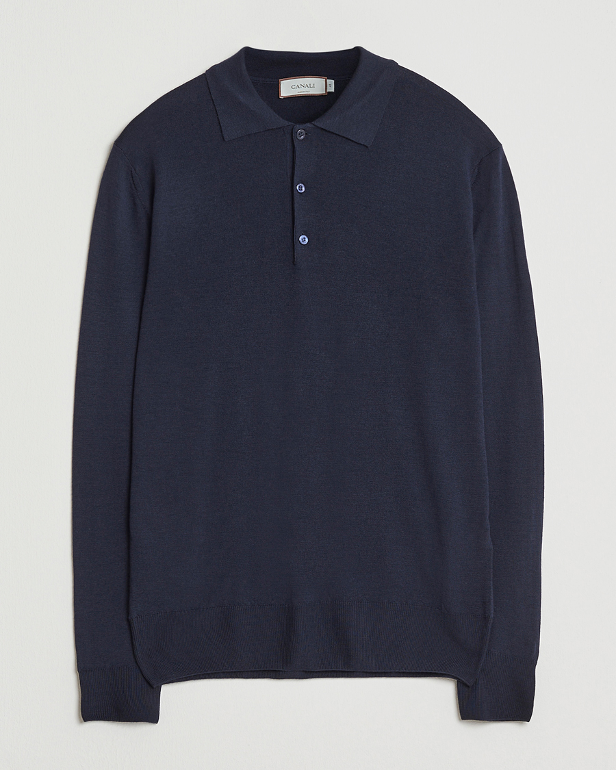 Homme | Pulls Et Tricots | Canali | Merino Wool Long Sleeve Polo Navy