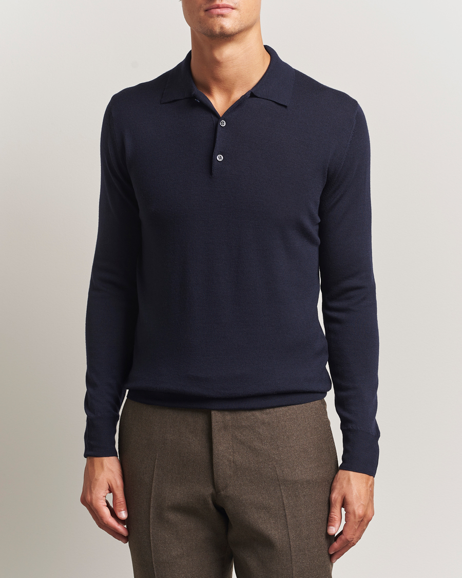 Homme | Pulls Et Tricots | Canali | Merino Wool Long Sleeve Polo Navy