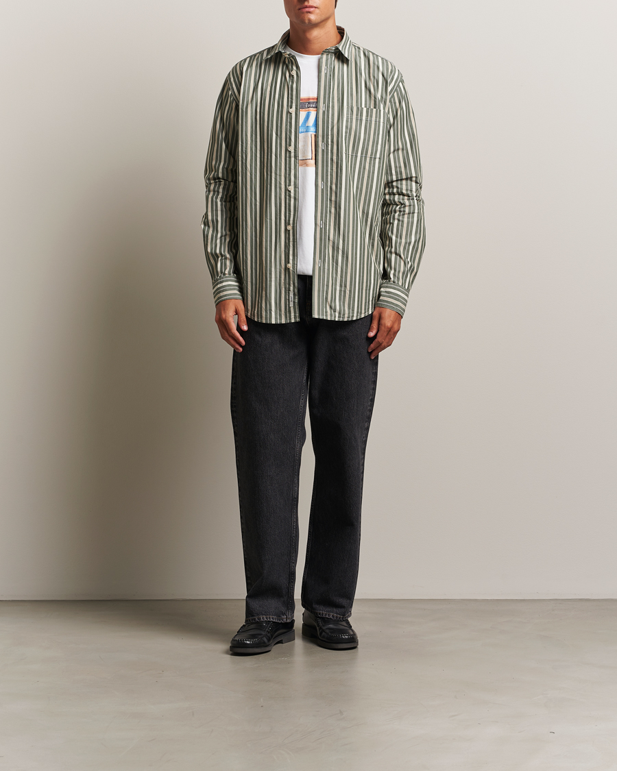 Heren | Overhemden | Forét | Maple Poplin Shirt Dark Green Stripe