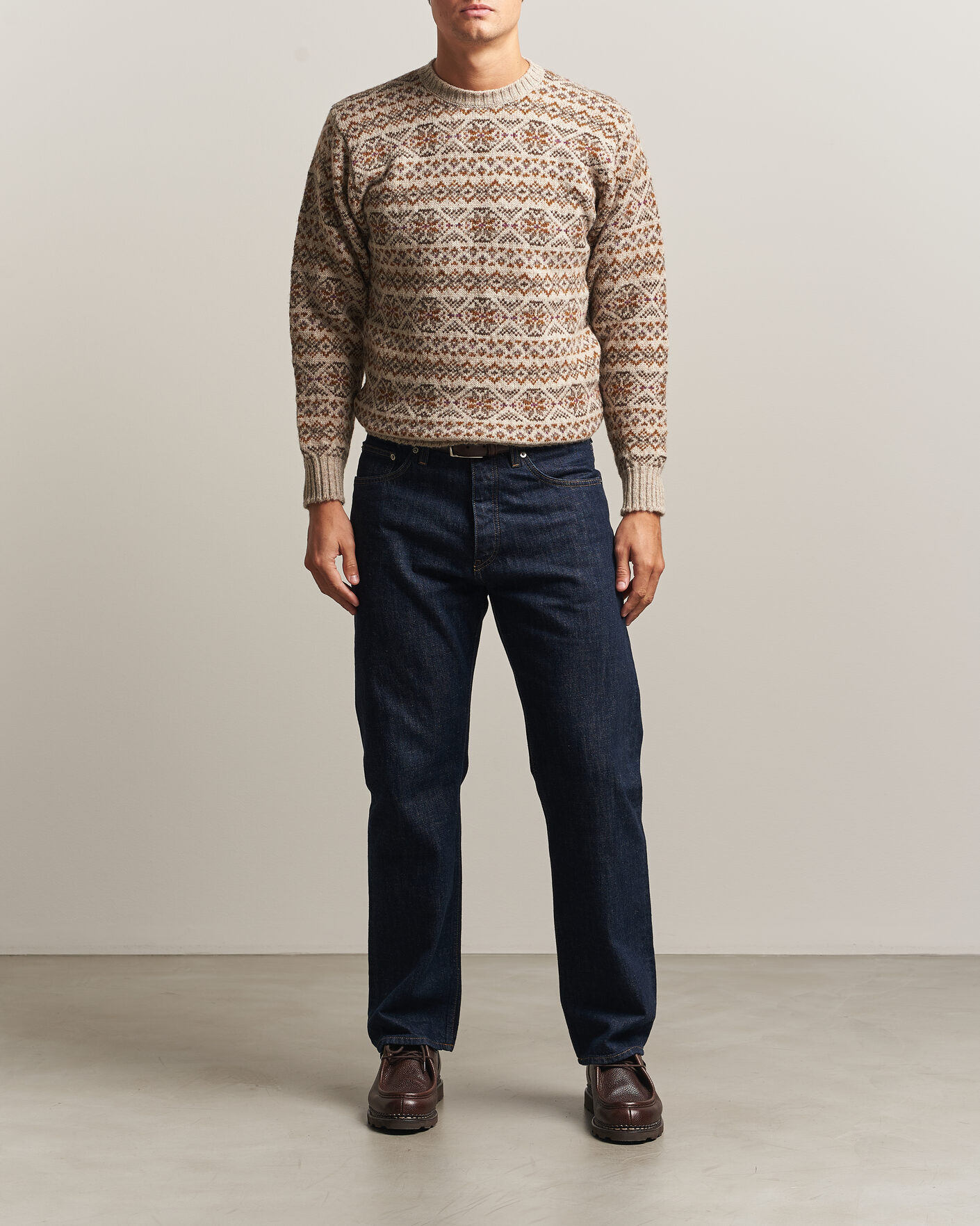 Heren | Truien | Jamieson's of Shetland | Jamiesons Of Shetland All Over Fair Isle Pullover Crew Neck Natural
