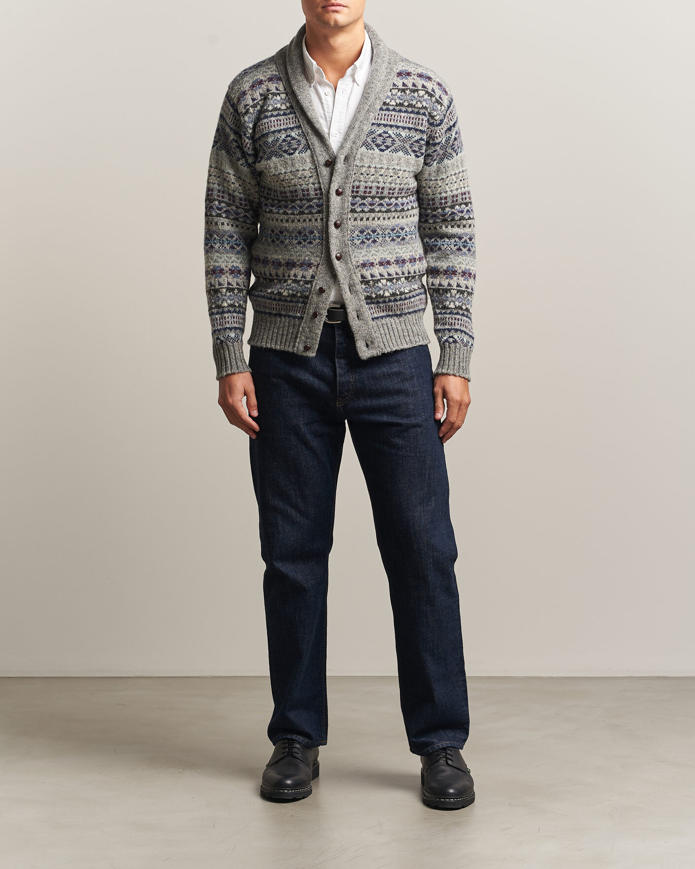 Heren | Truien | Jamieson's of Shetland | Jamiesons Of Shetland All Over Fair Isle Shawl Collar Cardigan Grey