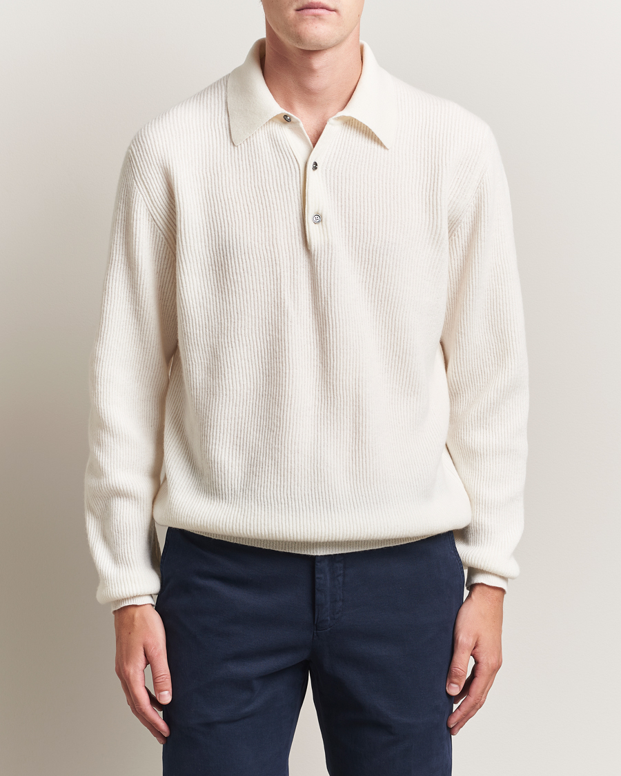 Homme | Pulls Et Tricots | Kiton | Cashmere Rib Long Sleeve Polo Light Beige