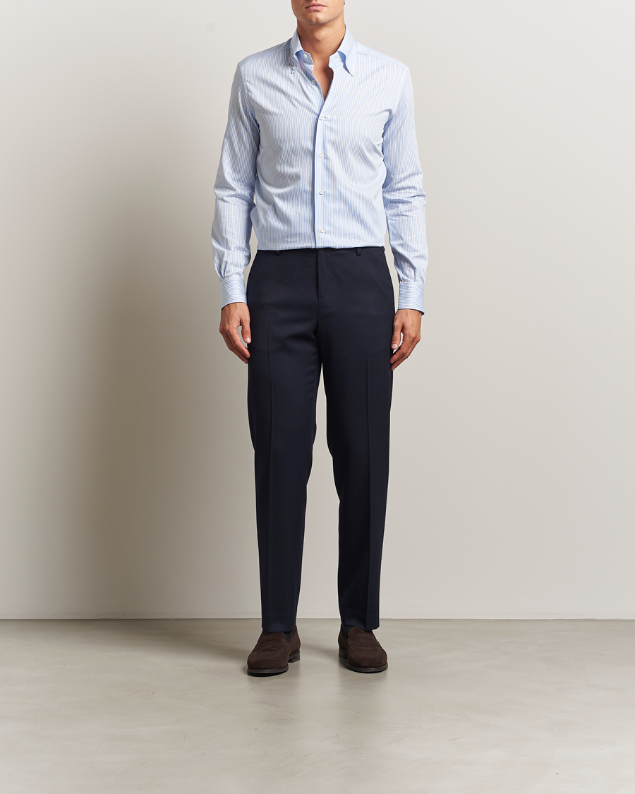 Homme | Chemises | Mazzarelli | Soft Cotton Twill Button Down Shirt Light Blue Stripe