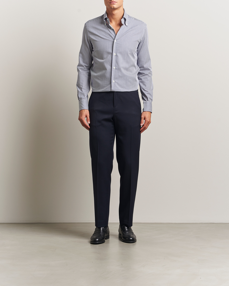 Heren | Overhemden | Mazzarelli | Soft Cotton Twill Button Down Shirt Navy Stripe