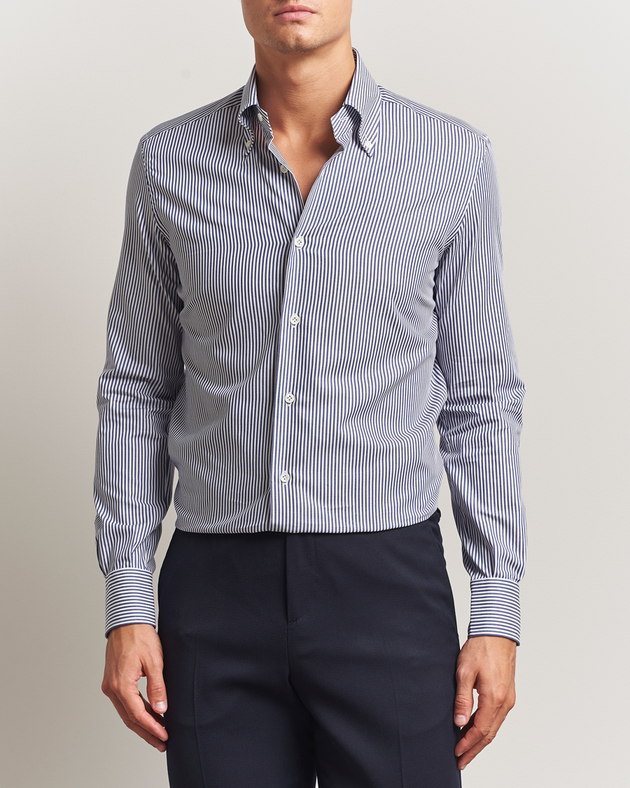 Heren | Overhemden | Mazzarelli | Soft Cotton Twill Button Down Shirt Navy Stripe