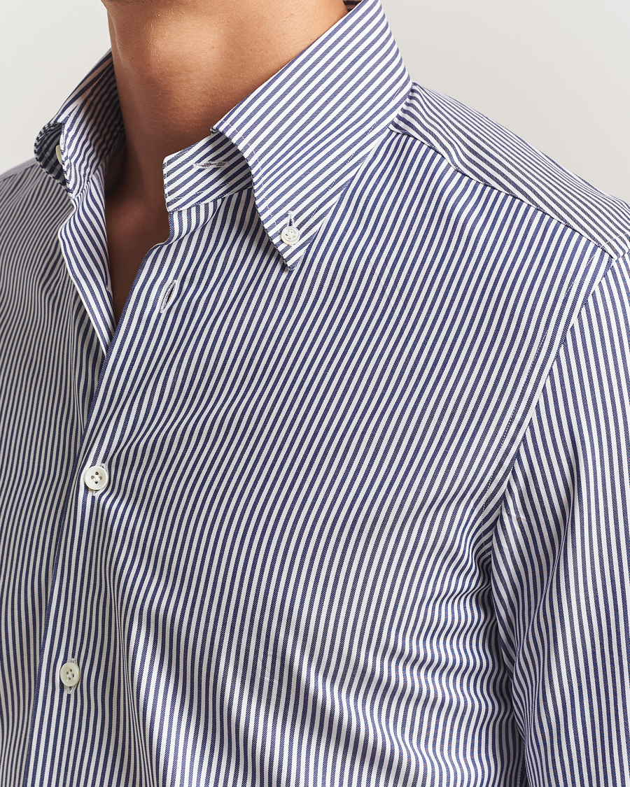 Heren | Overhemden | Mazzarelli | Soft Cotton Twill Button Down Shirt Navy Stripe