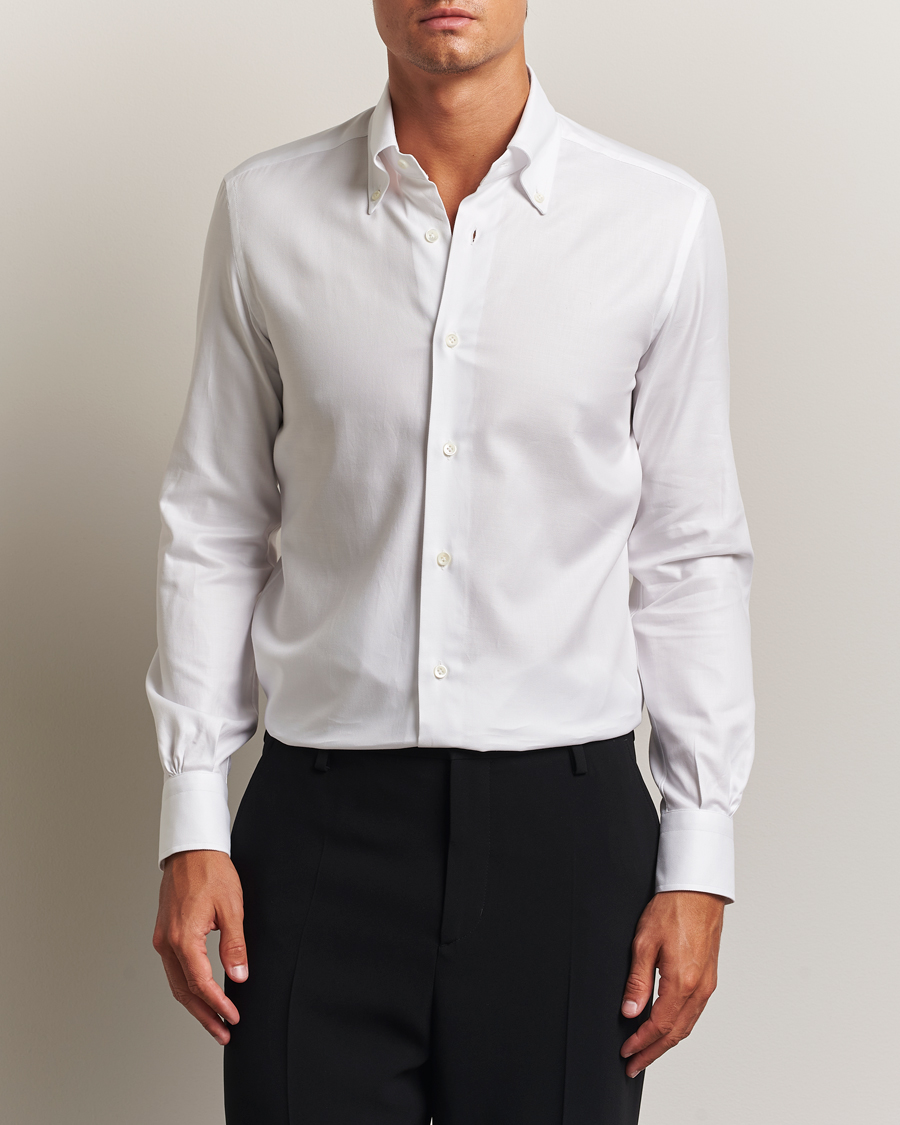 Heren | Overhemden | Mazzarelli | Soft Cotton Twill Button Down Shirt White