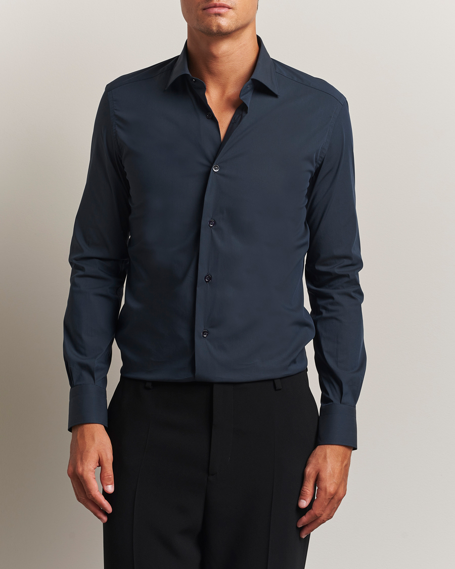 Homme | Chemises | Mazzarelli | Soft Cotton/Stretch Cut Away Shirt Navy