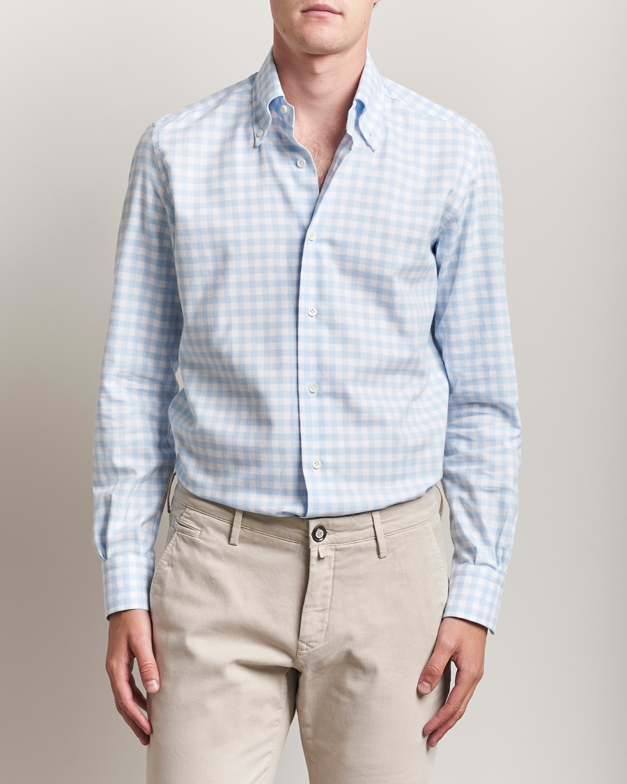 Homme | Chemises | Mazzarelli | Soft Flannel Button Down Shirt Light Blue Check