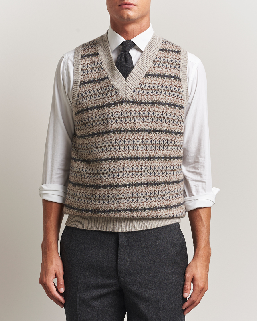 Homme | Pulls Et Tricots | Oscar Jacobson | Lucas Fair Isle Wool/Cashmere Vest Beige