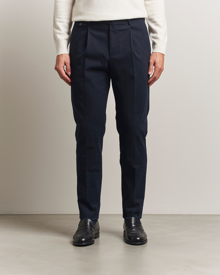 Homme | Pantalons | PT01 | Slim Fit Pleated Cotton/Cashmere Trousers Navy