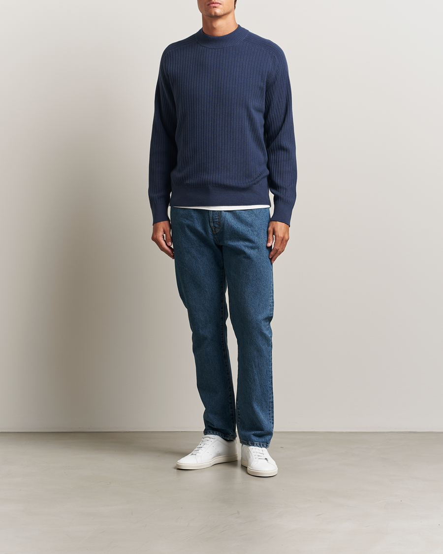 Homme | Pulls Et Tricots | Filippa K | Cotton Merino Knitted Mock Neck Sweater Dusk Blue